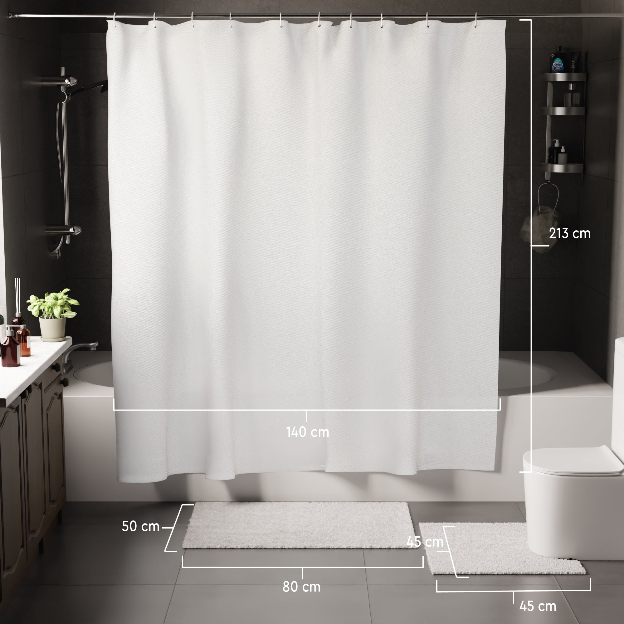 Polyester White Shower Curtain + Bathmat (Pack of 3)
