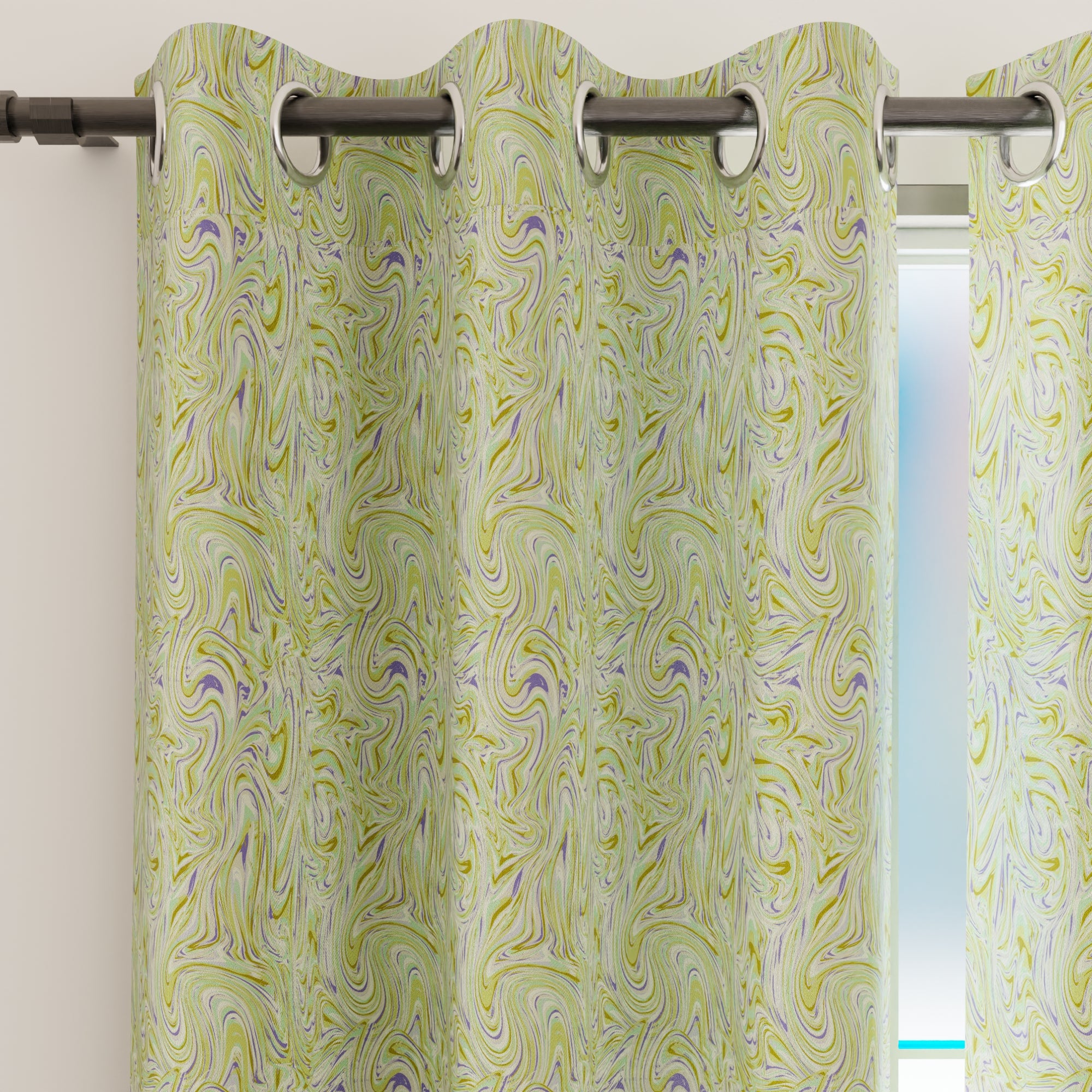Blackout Polyester Marble Lime Curtain (Pack of 2)