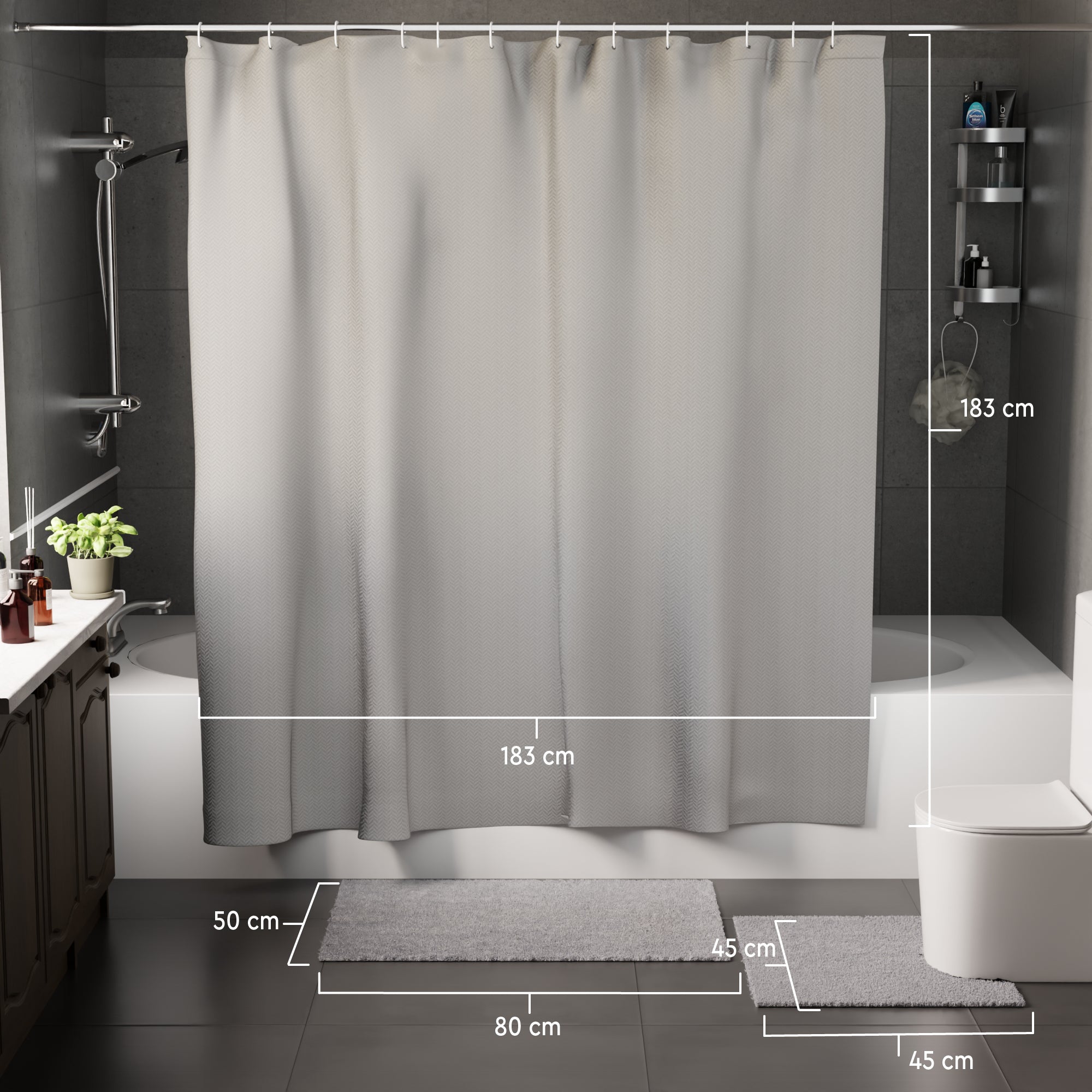 Polyester ZZ Light Grey Combo Shower Curtain + Bathmat (Pack of 3)
