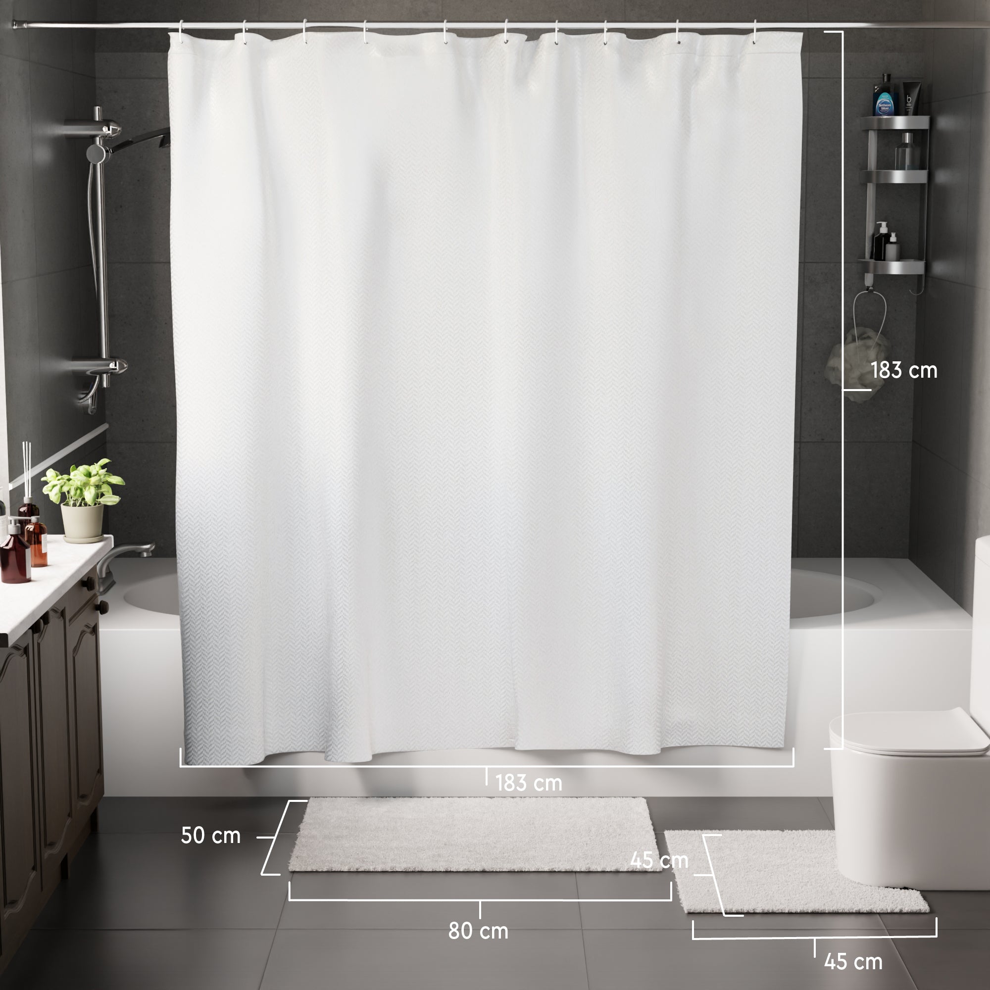 Polyester ZZ White Combo Shower Curtain + Bathmat (Pack of 3)