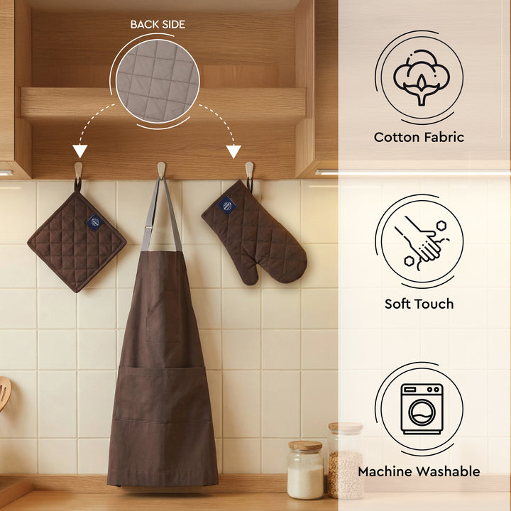 Cotton Dark Taupe & Beige Apron + Oven Glove + Pot Holder (Pack of 3)