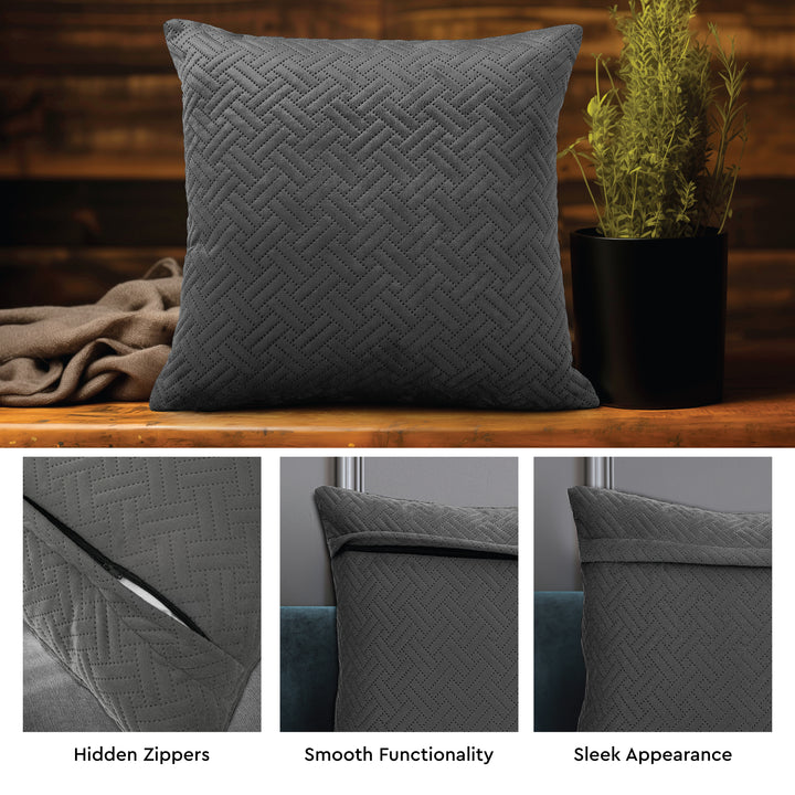 Quilted Velvet Dark Grey Cushion Cover (Pack of 2)