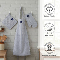Cotton Ticking Navy Blue Apron + Oven Glove + Pot Holder (Pack of 3)
