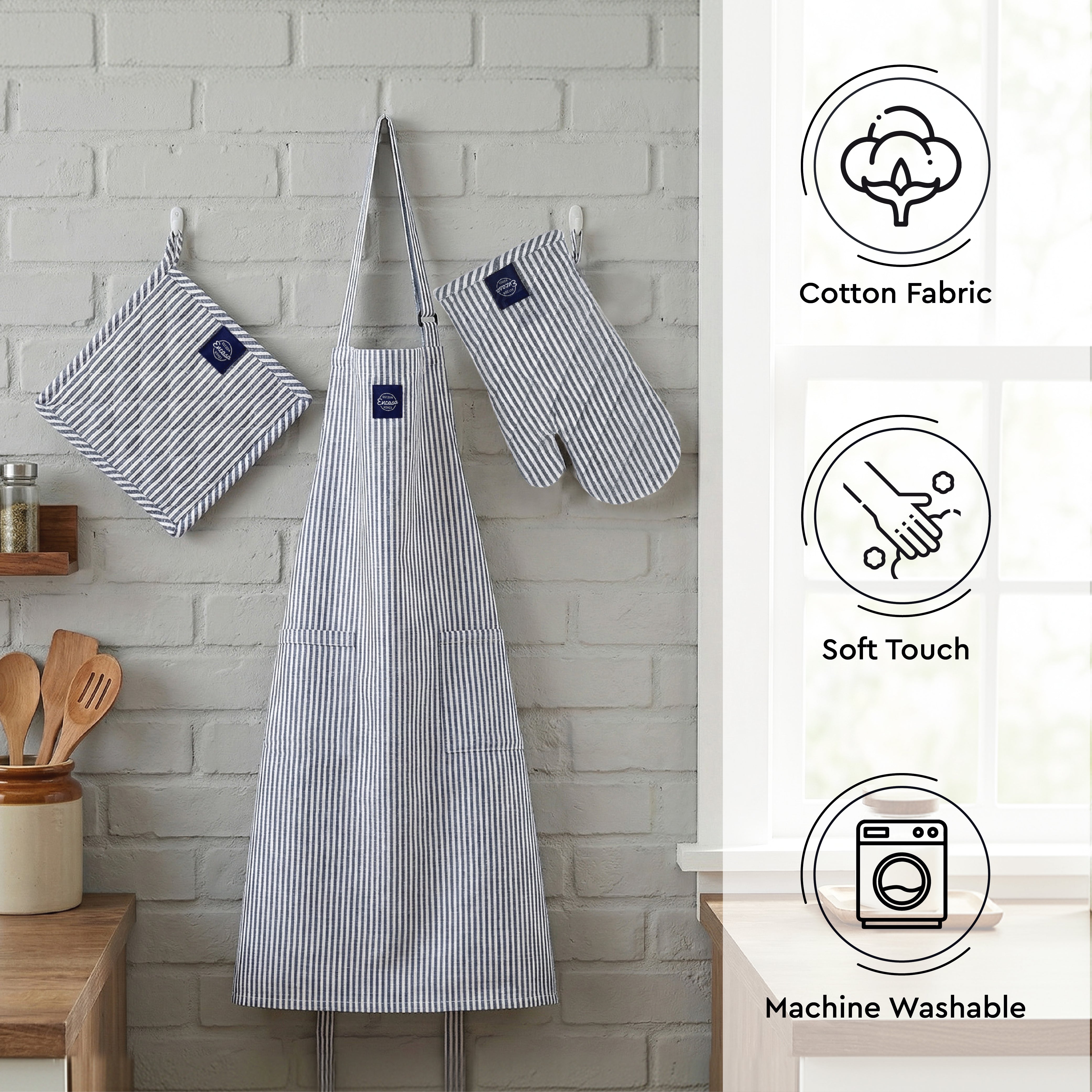 Cotton Ticking Navy Blue Apron + Oven Glove + Pot Holder (Pack of 3)