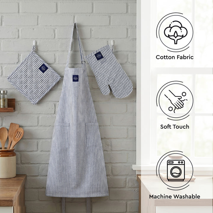 Cotton Ticking Navy Blue Apron + Oven Glove + Pot Holder (Pack of 3)