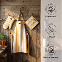 Cotton Franca Yellow Stripes Apron + Oven Glove + Pot Holder (Pack of 3)