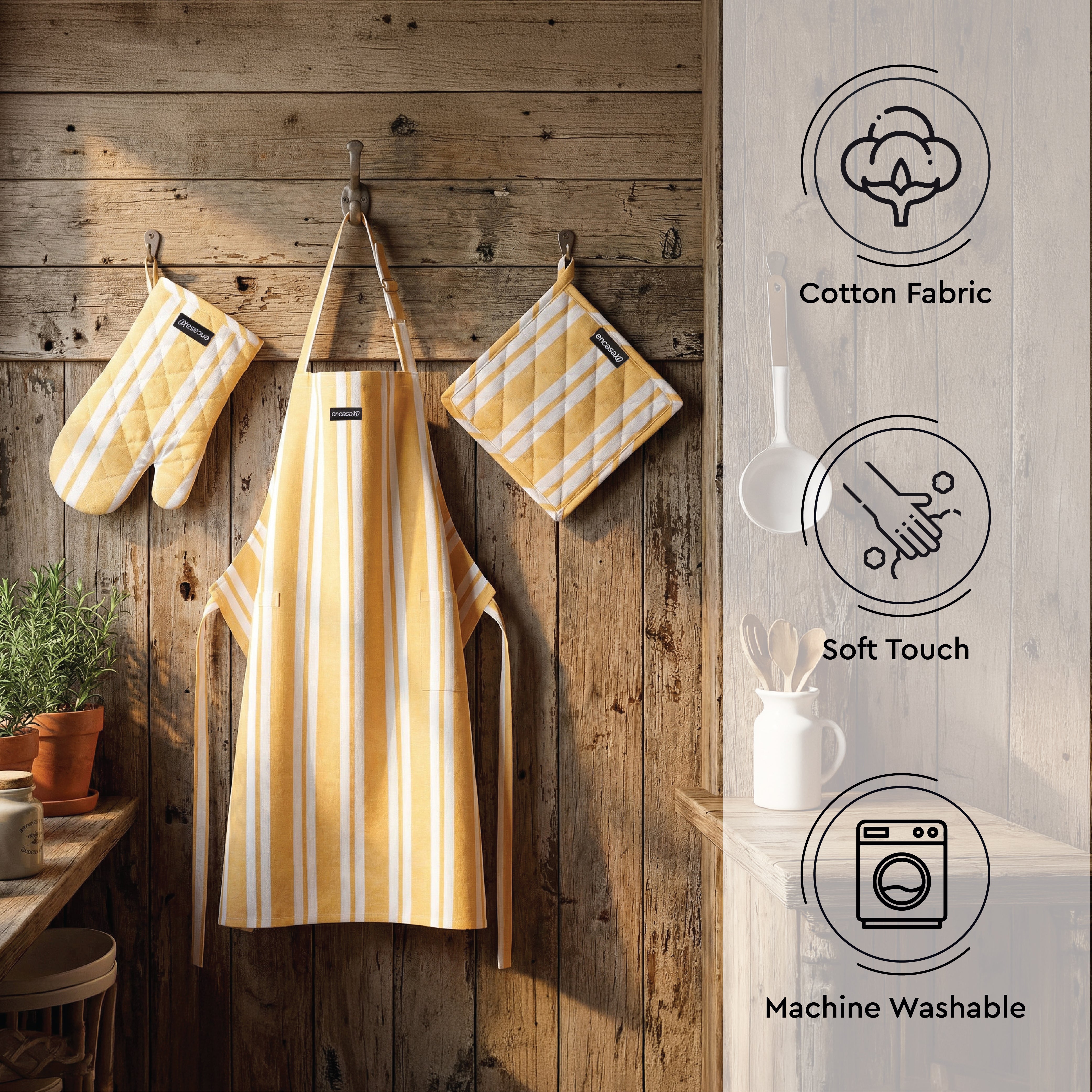 Cotton Franca Yellow Stripes Apron + Oven Glove + Pot Holder (Pack of 3)