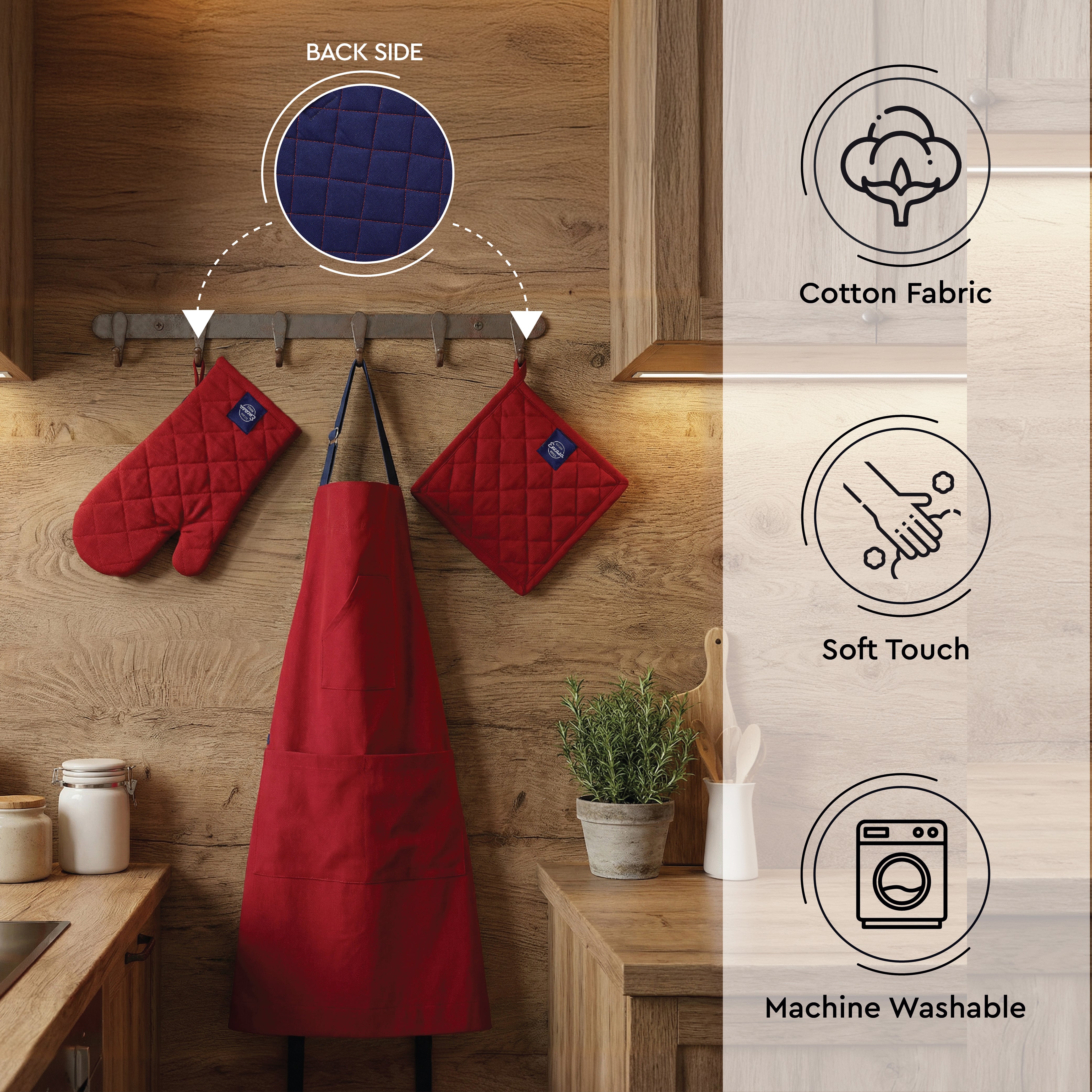 Cotton Red Apron + Oven Glove + Pot Holder (Pack of 3)