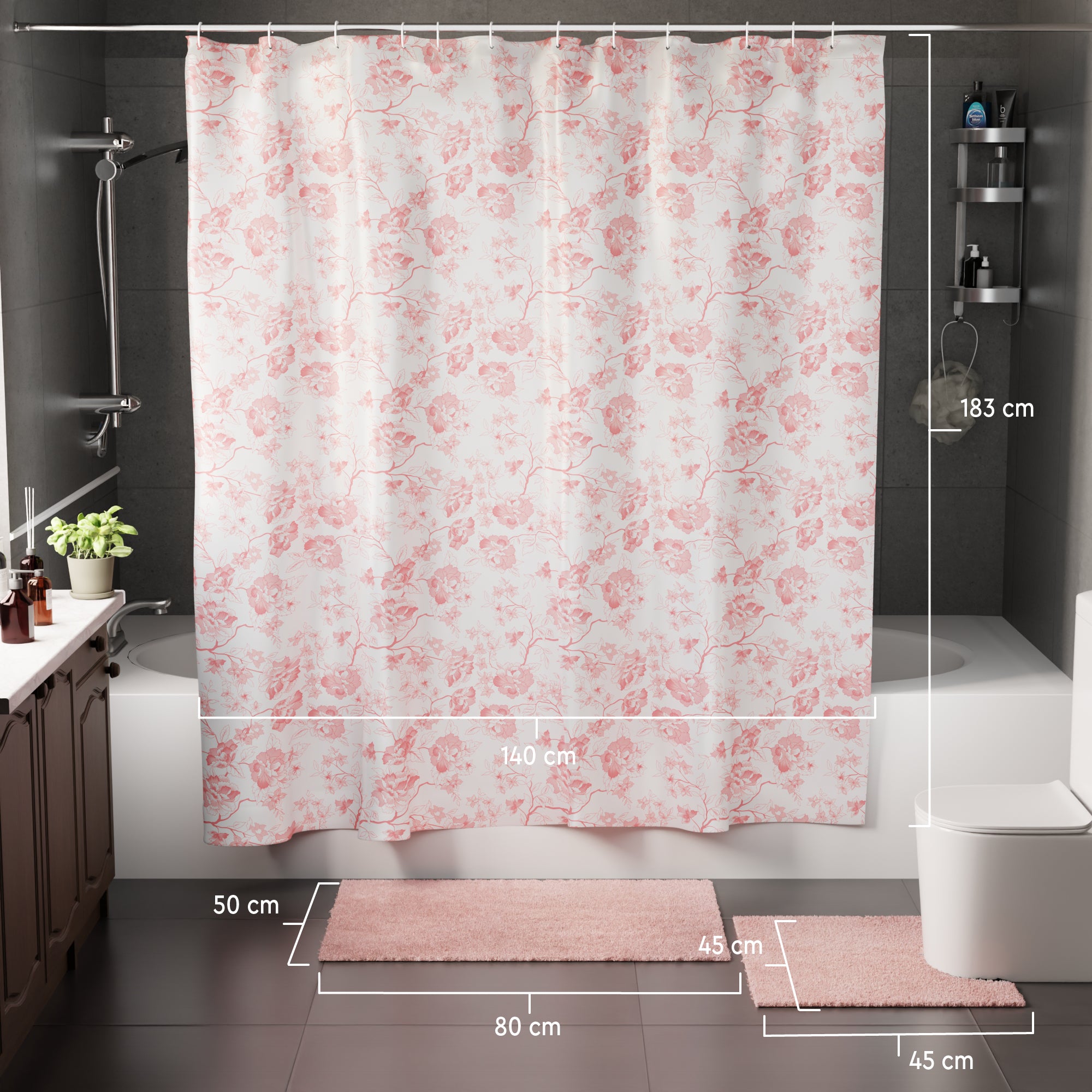 Polyester Pink Carnations Combo Shower Curtain + Bathmat (Pack of 3)