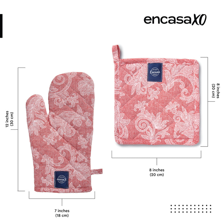 Cotton Floral Red Oven Glove & Pot Holder