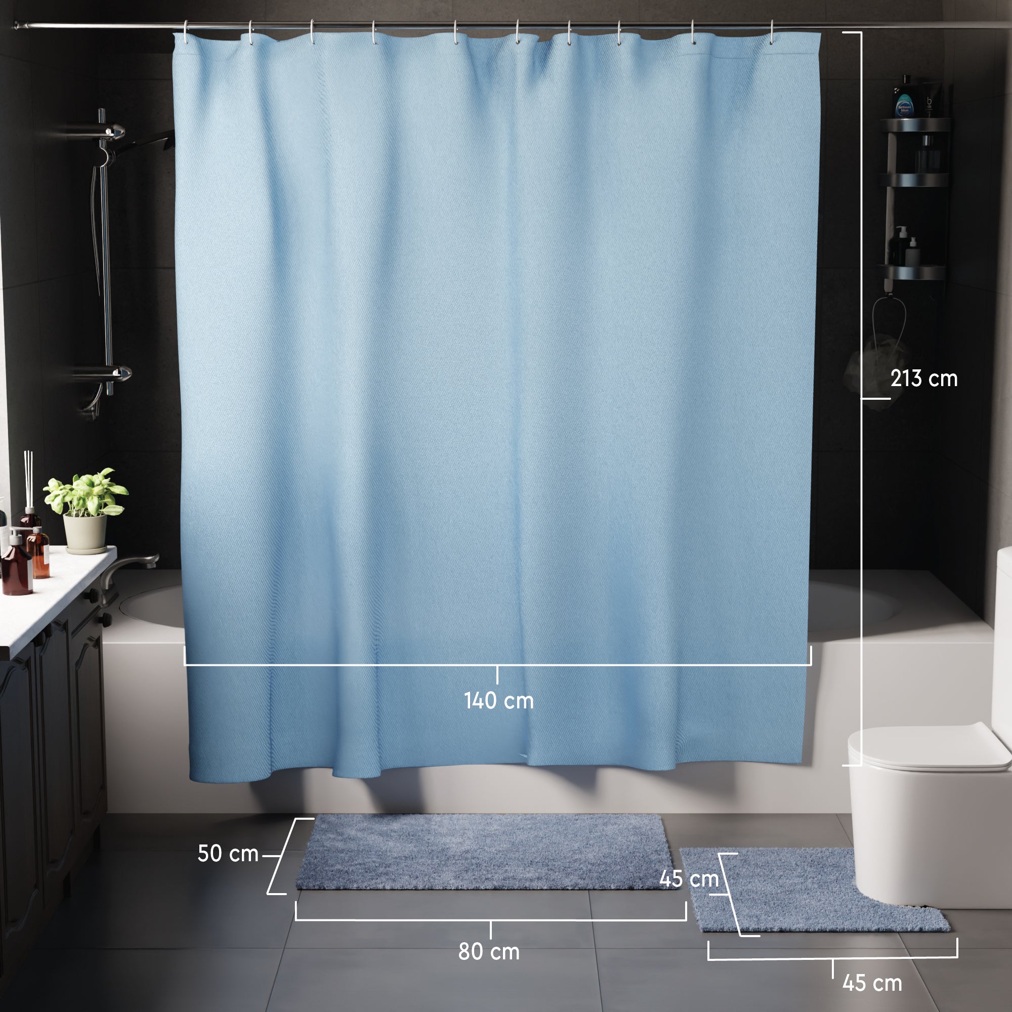 Polyester Blue Shower Curtain + Bathmat (Pack of 3)