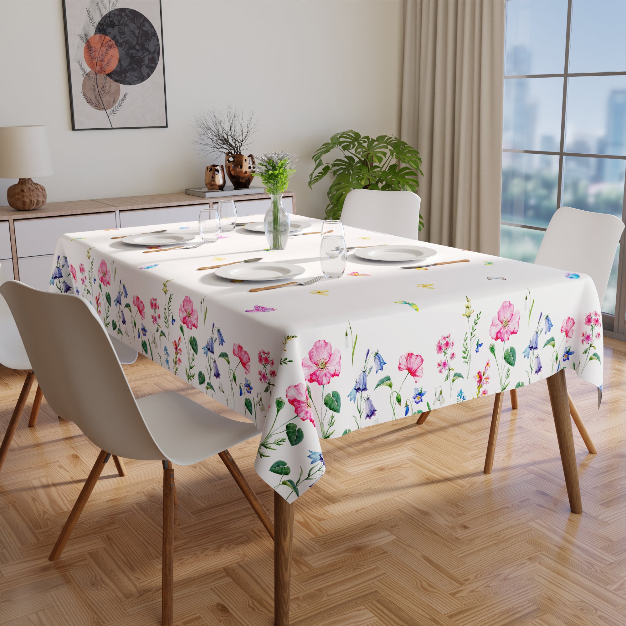 Polyester Pink Butterflies Printed Table Cloth