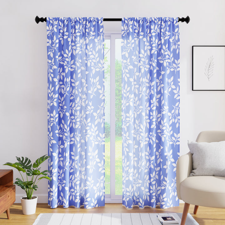 Polyester Reverse Leaf Blue Curtain (Pack of 2)