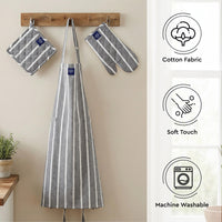 Cotton Roma Grey Stripes Apron + Oven Glove + Pot Holder (Pack of 3)