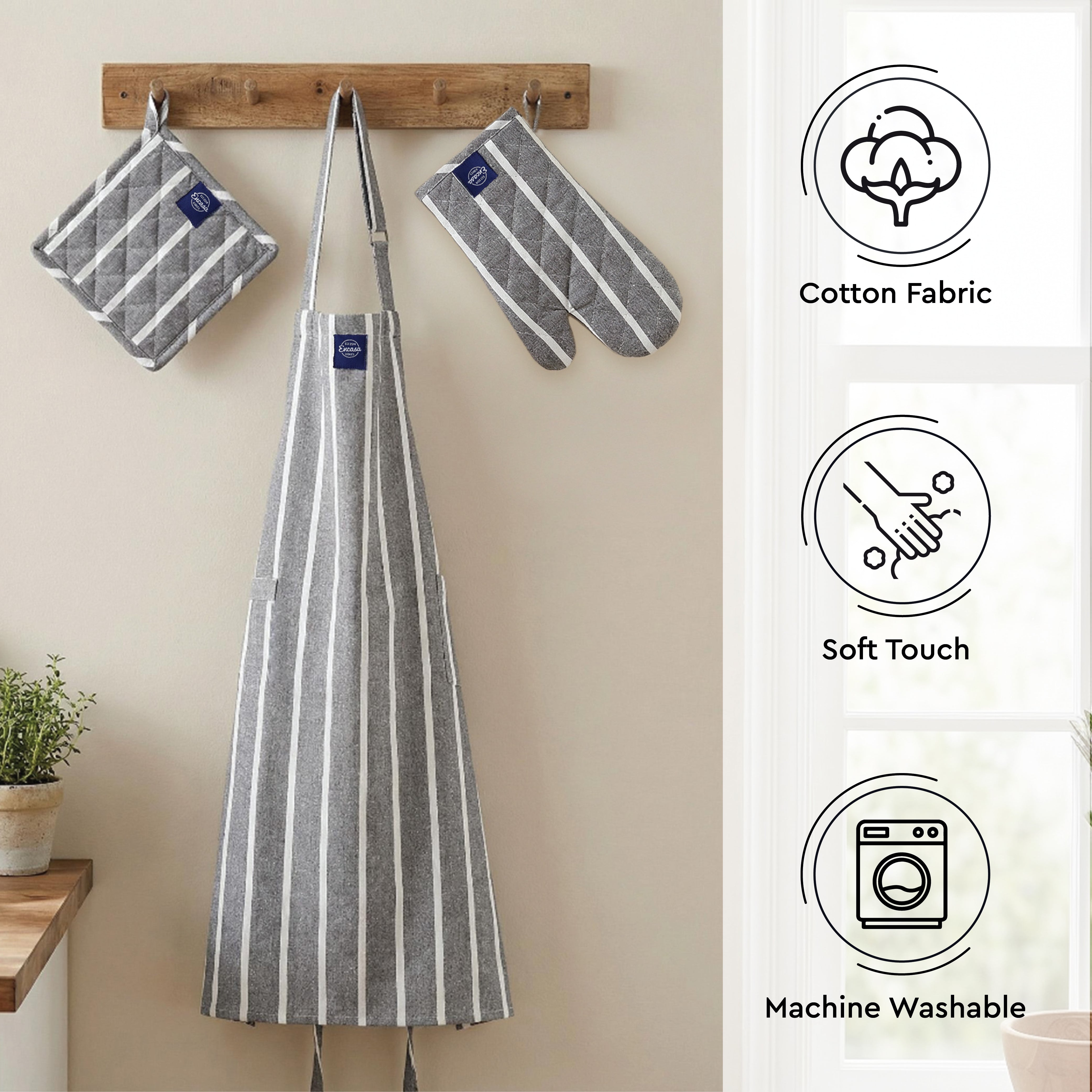 Cotton Roma Grey Stripes Apron + Oven Glove + Pot Holder (Pack of 3)