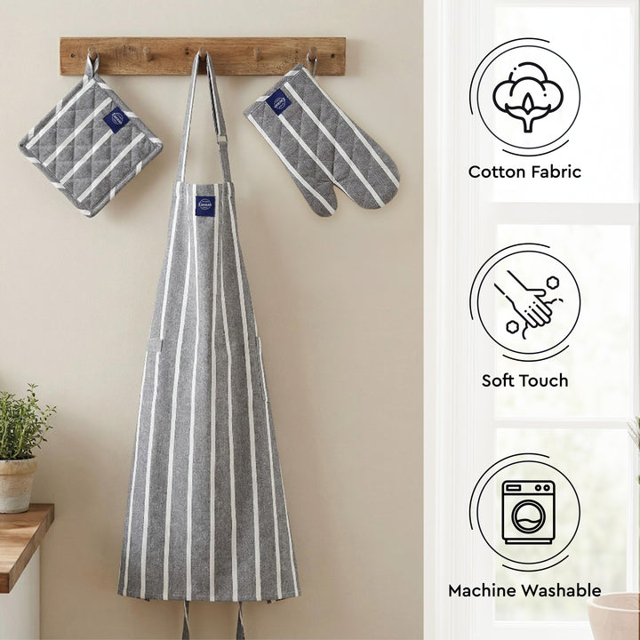 Cotton Roma Grey Stripes Apron + Oven Glove + Pot Holder (Pack of 3)