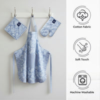 Cotton Floral Blue Apron + Oven Glove + Pot Holder (Pack of 3)