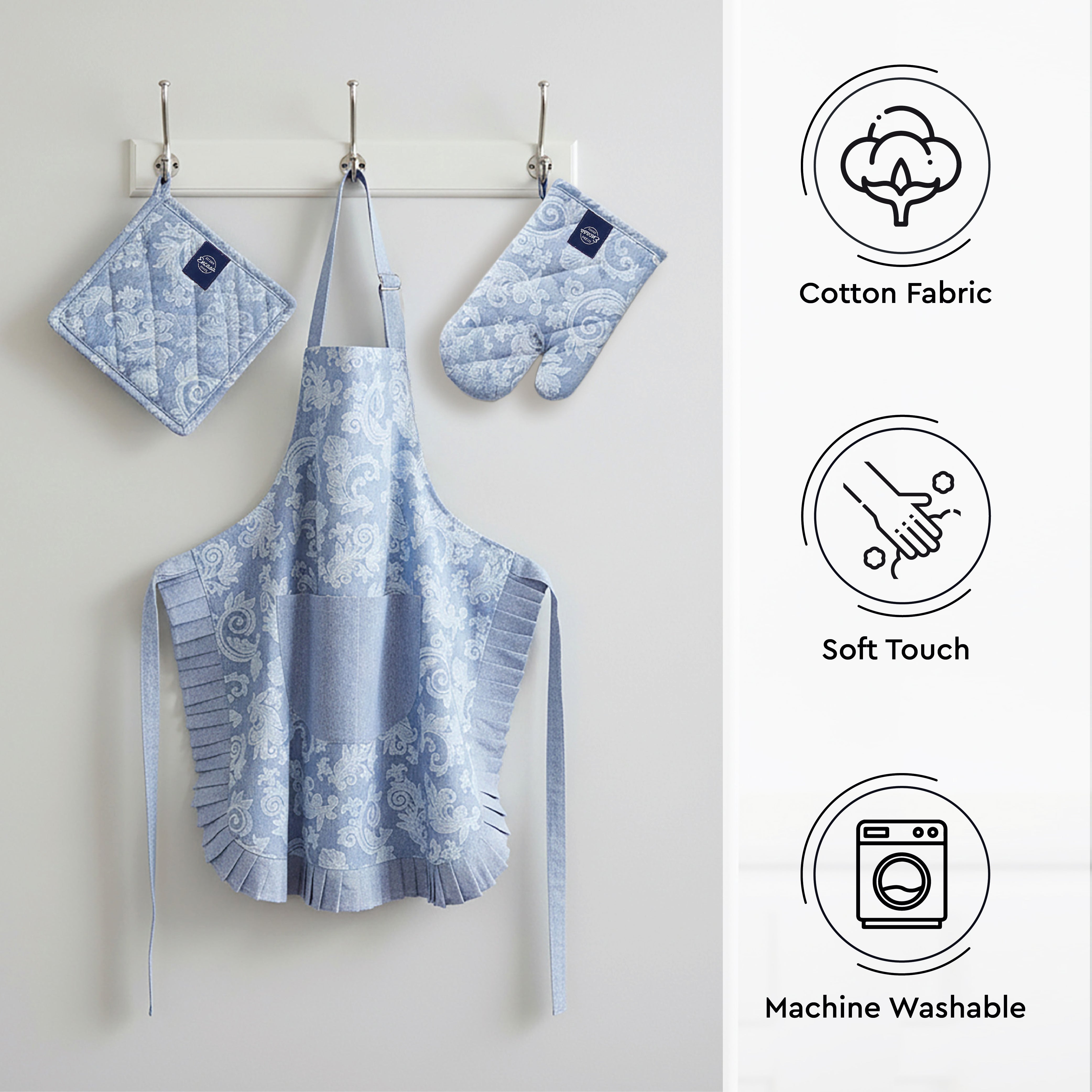 Cotton Floral Blue Apron + Oven Glove + Pot Holder (Pack of 3)