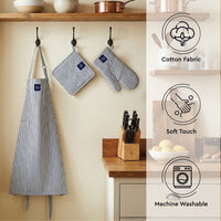 Cotton Ticking Black Apron + Oven Glove + Pot Holder (Pack of 3)