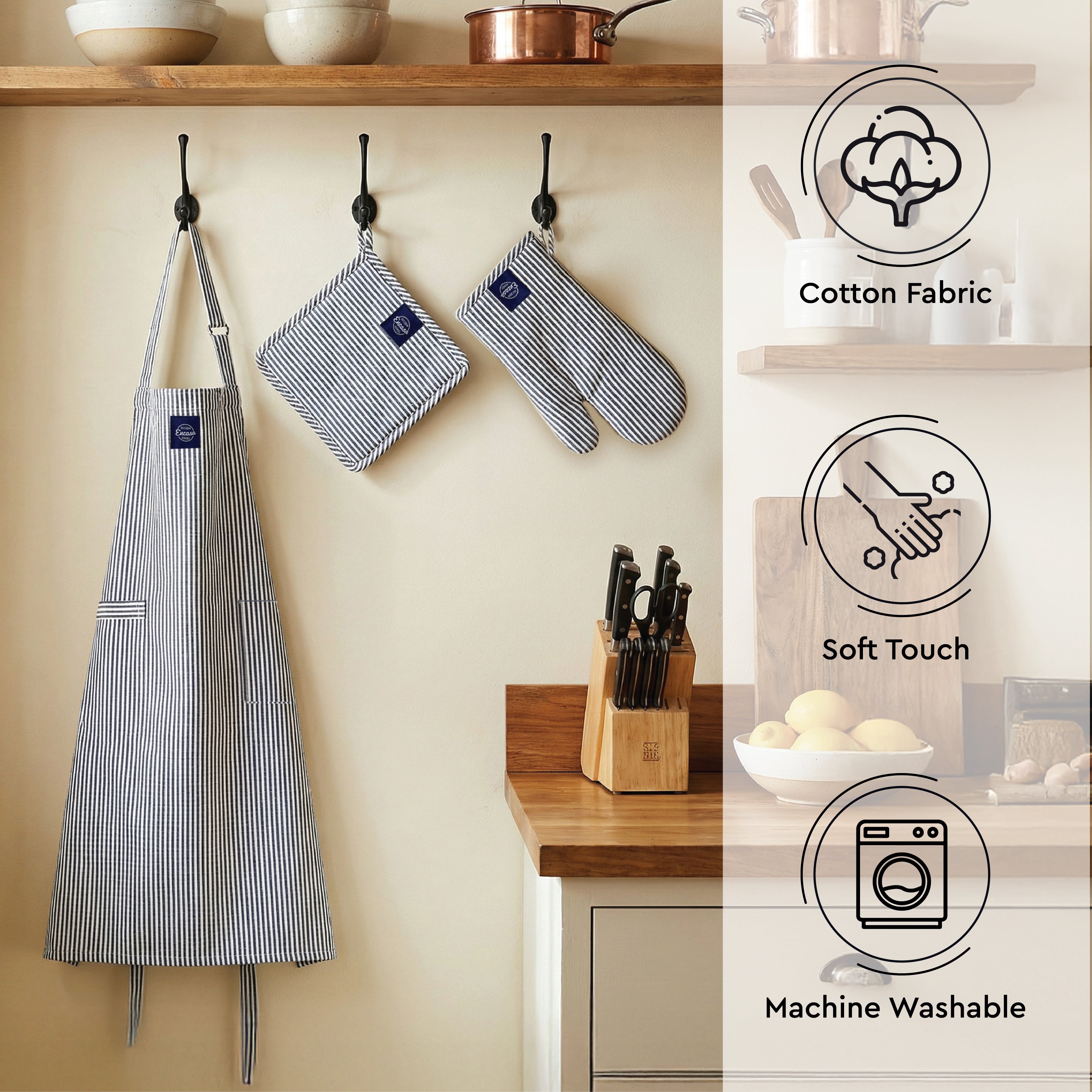 Cotton Ticking Black Apron + Oven Glove + Pot Holder (Pack of 3)