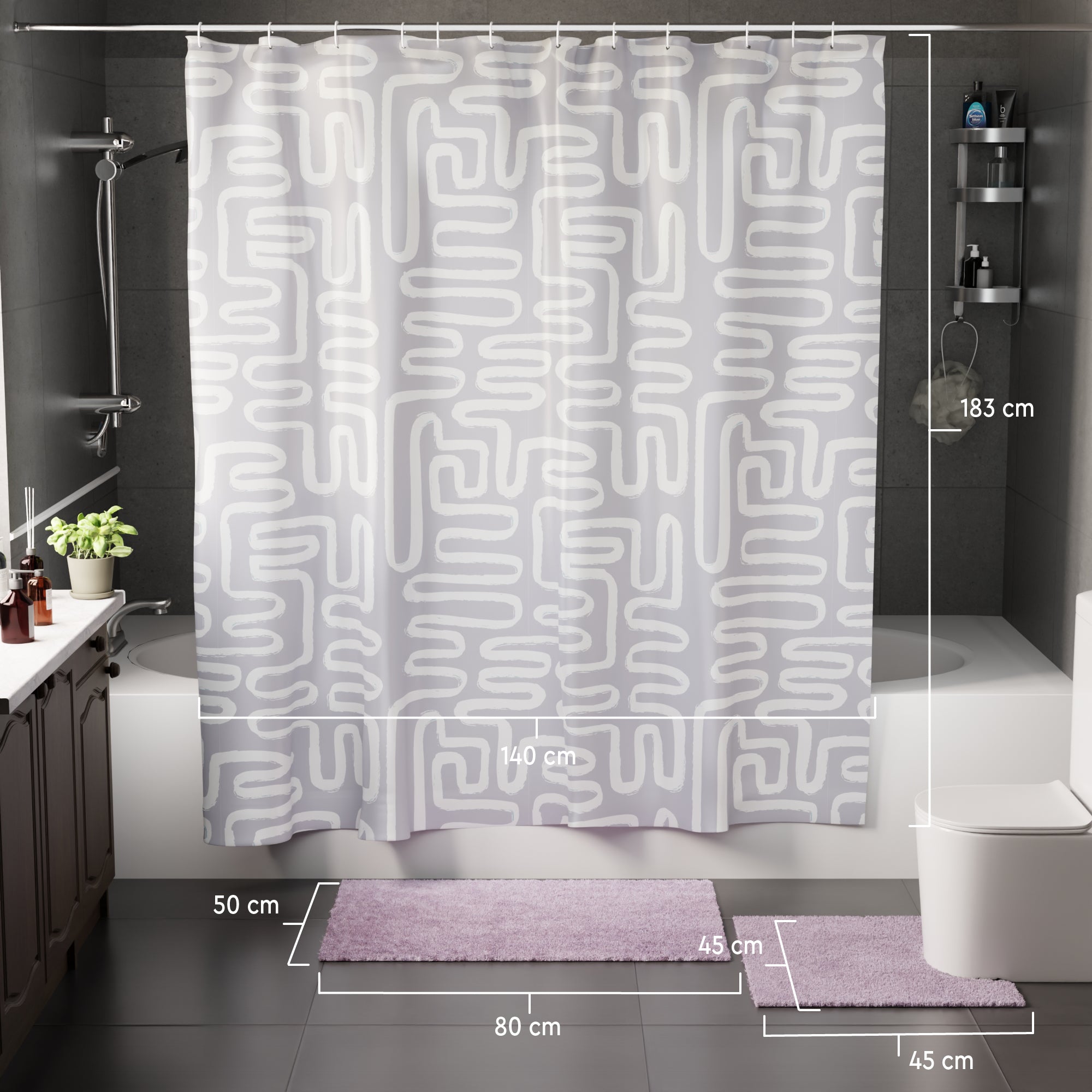 Polyester Maze Grey Combo Shower Curtain + Bathmat (Pack of 3)