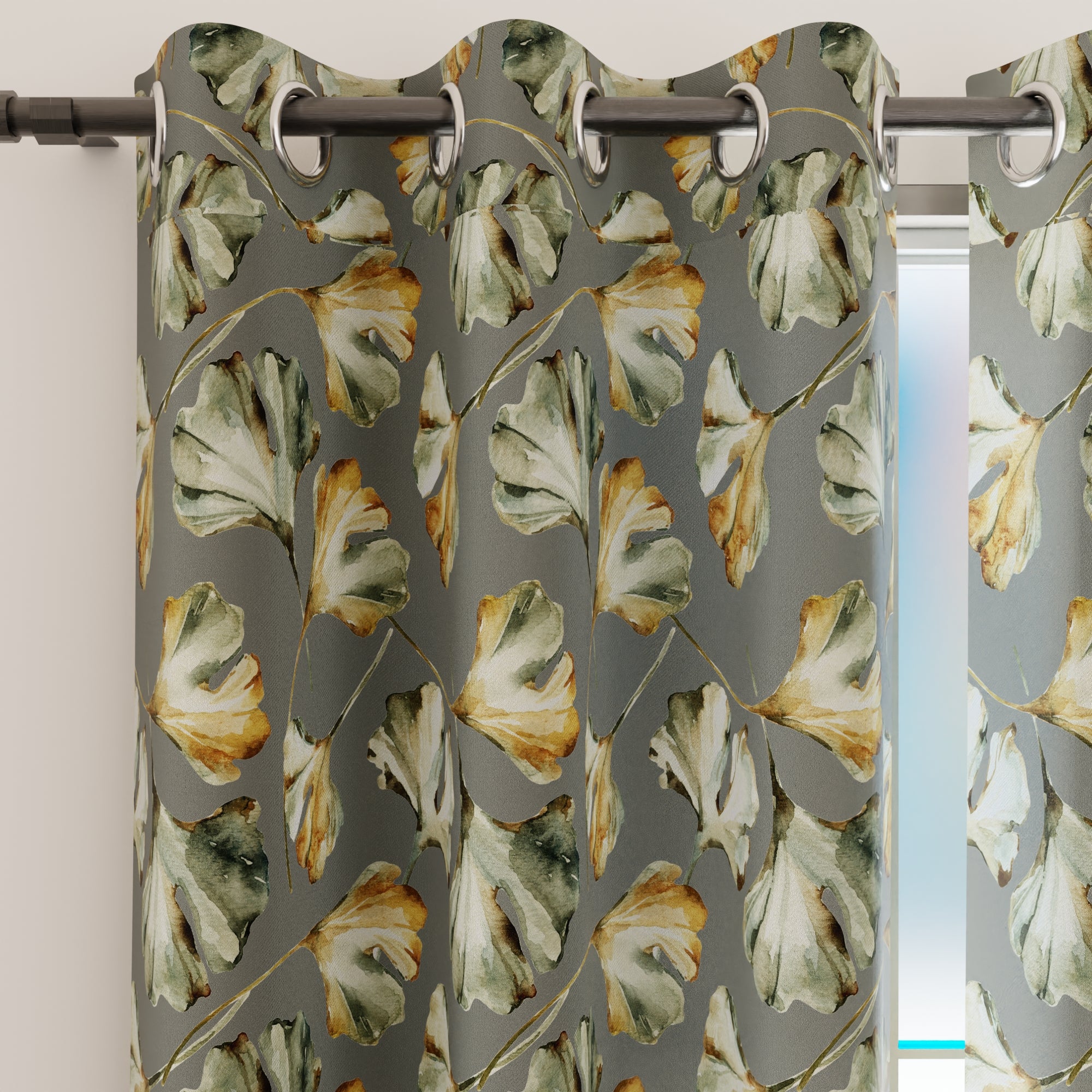 Blackout Polyester Gingko Grey Curtain (Pack of 2)