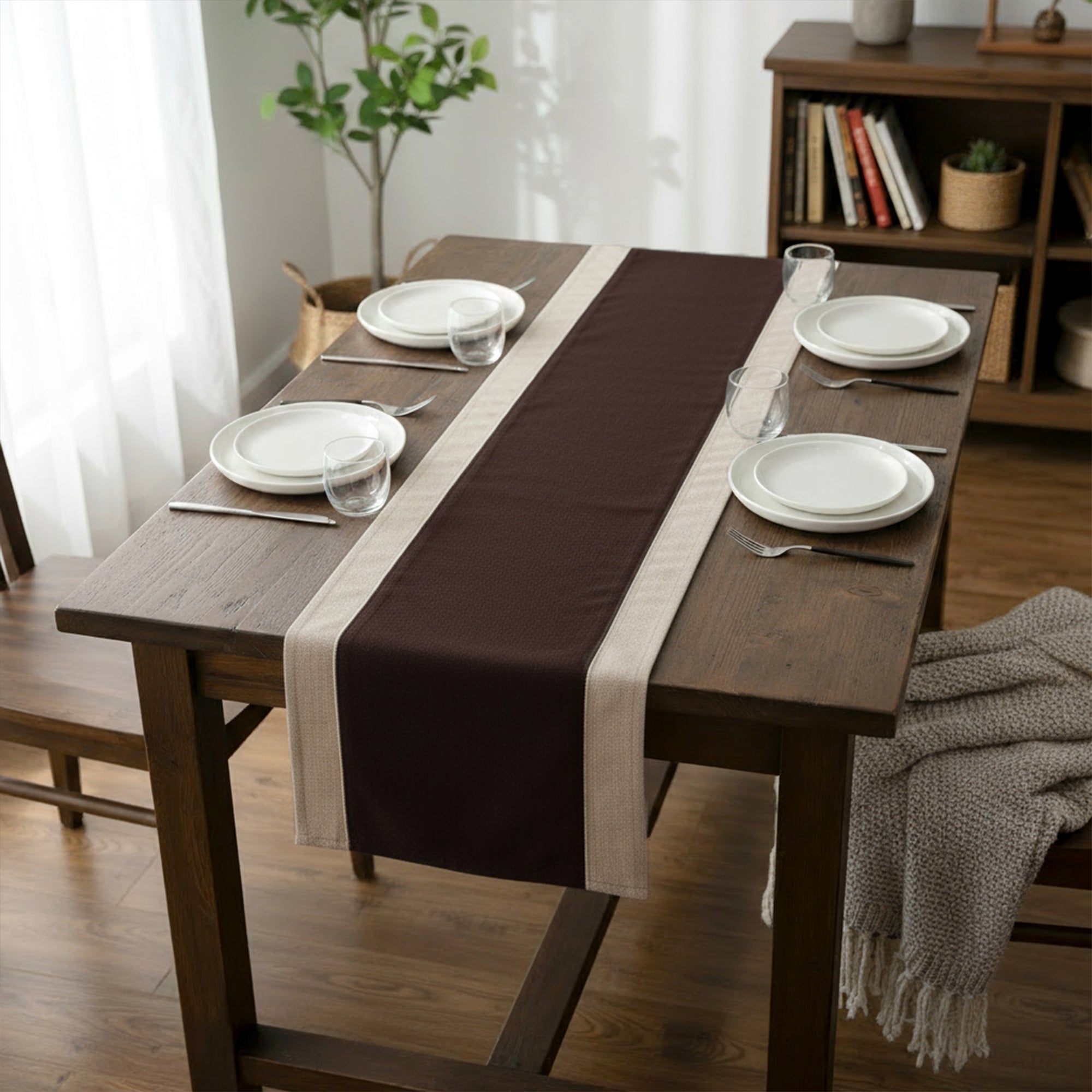 Cotton Beige & Brown Table Runner (Pack of 1)