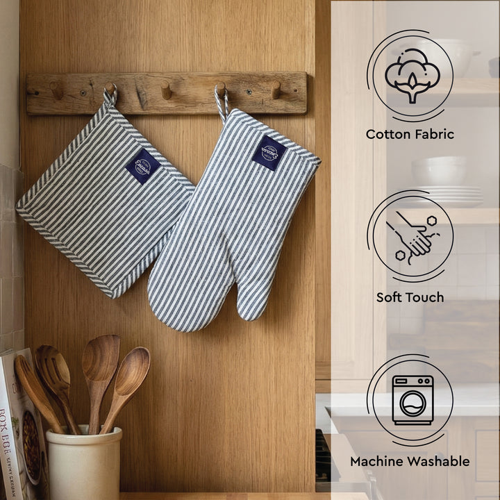 Cotton Ticking Navy Blue Oven Glove & Pot Holder