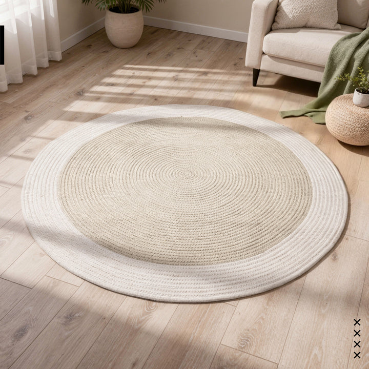 Reversible Round Rug Handwoven Natural Fiber Carpet Braided Area Rug | Neutral Boho Rug for Living Room, Bedroom, Nursery | Washable Area Rug Two Tone