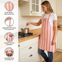 Cotton Franca Orange Stripes Apron + Oven Glove + Pot Holder (Pack of 3)
