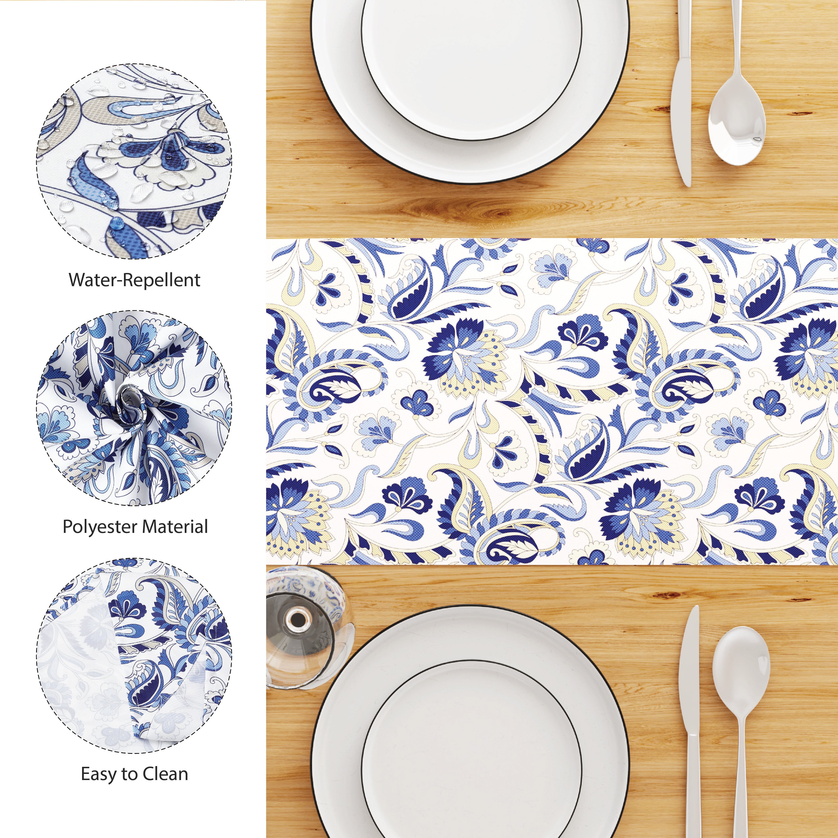Water Repellent Polyester Chintz Blue Table Runner