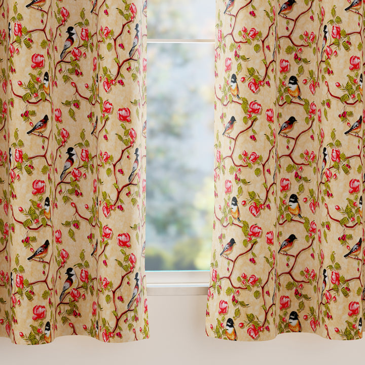 Blackout Polyester Pale Gold Birds Curtain (Pack of 2)