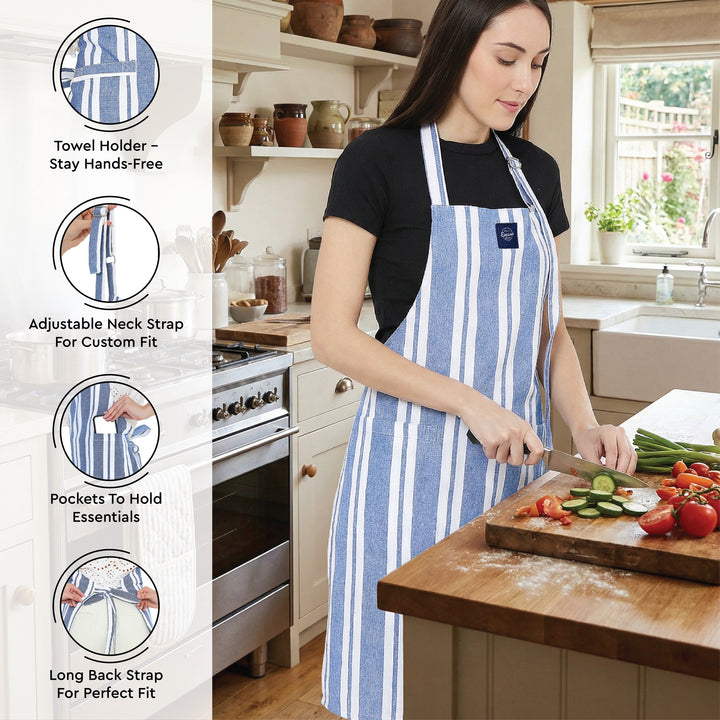 Cotton Franca Blue Stripes Apron + Oven Glove + Pot Holder (Pack of 3)