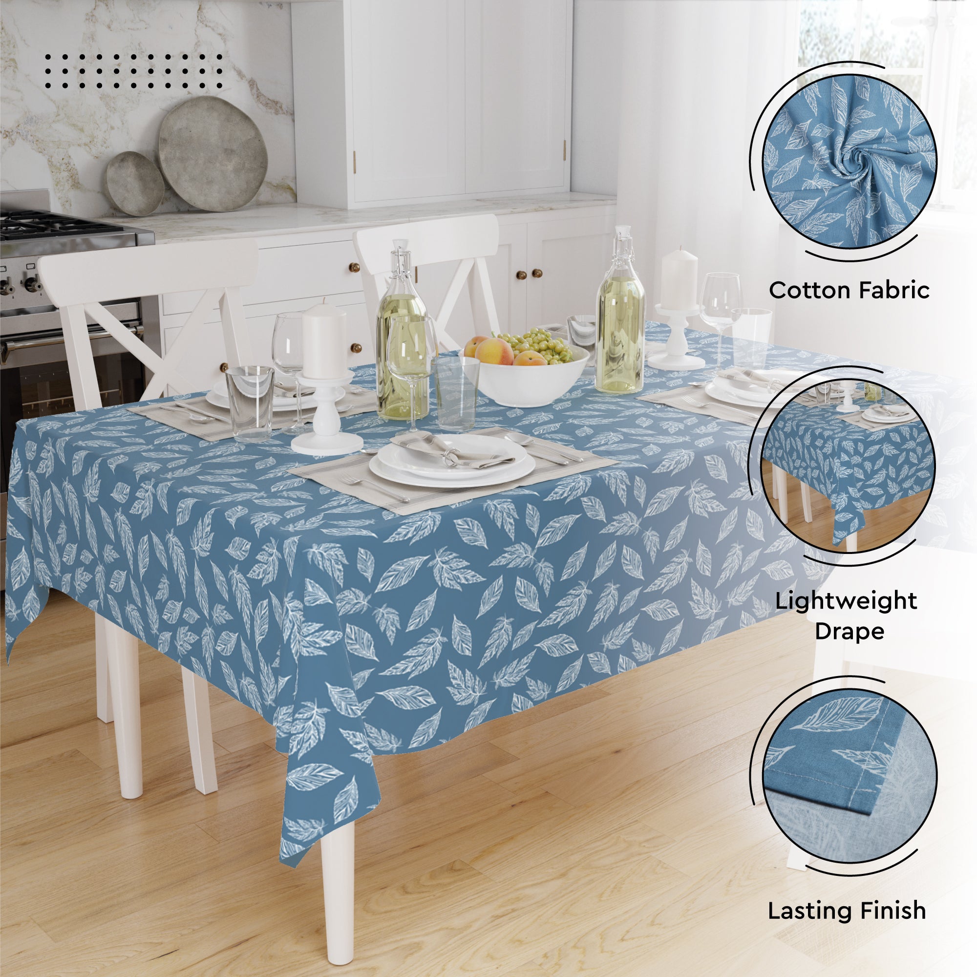 Cotton Big Leaves Blue Table Cloth (Pack of 1)