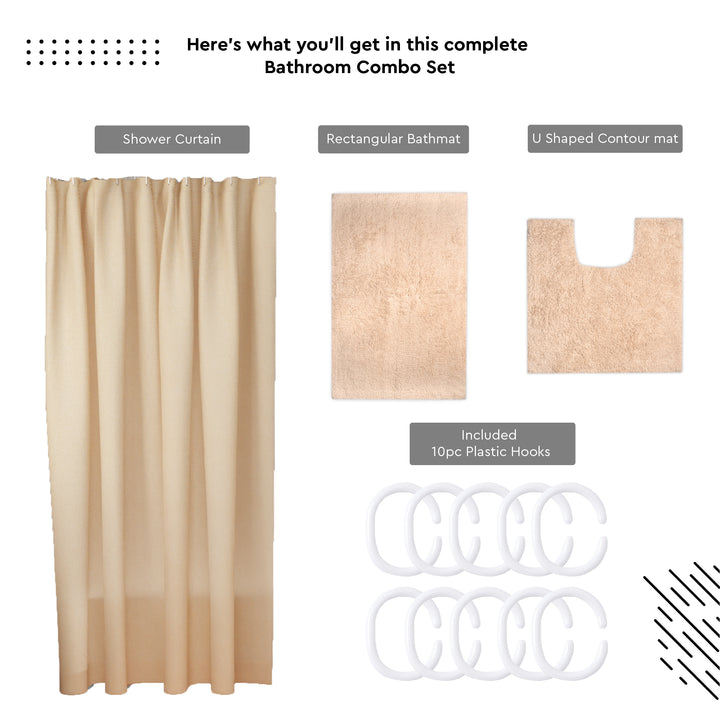 Polyester Beige Shower Curtain + Bathmat (Pack of 3)