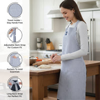 Cotton Ticking Navy Blue Apron + Oven Glove + Pot Holder (Pack of 3)