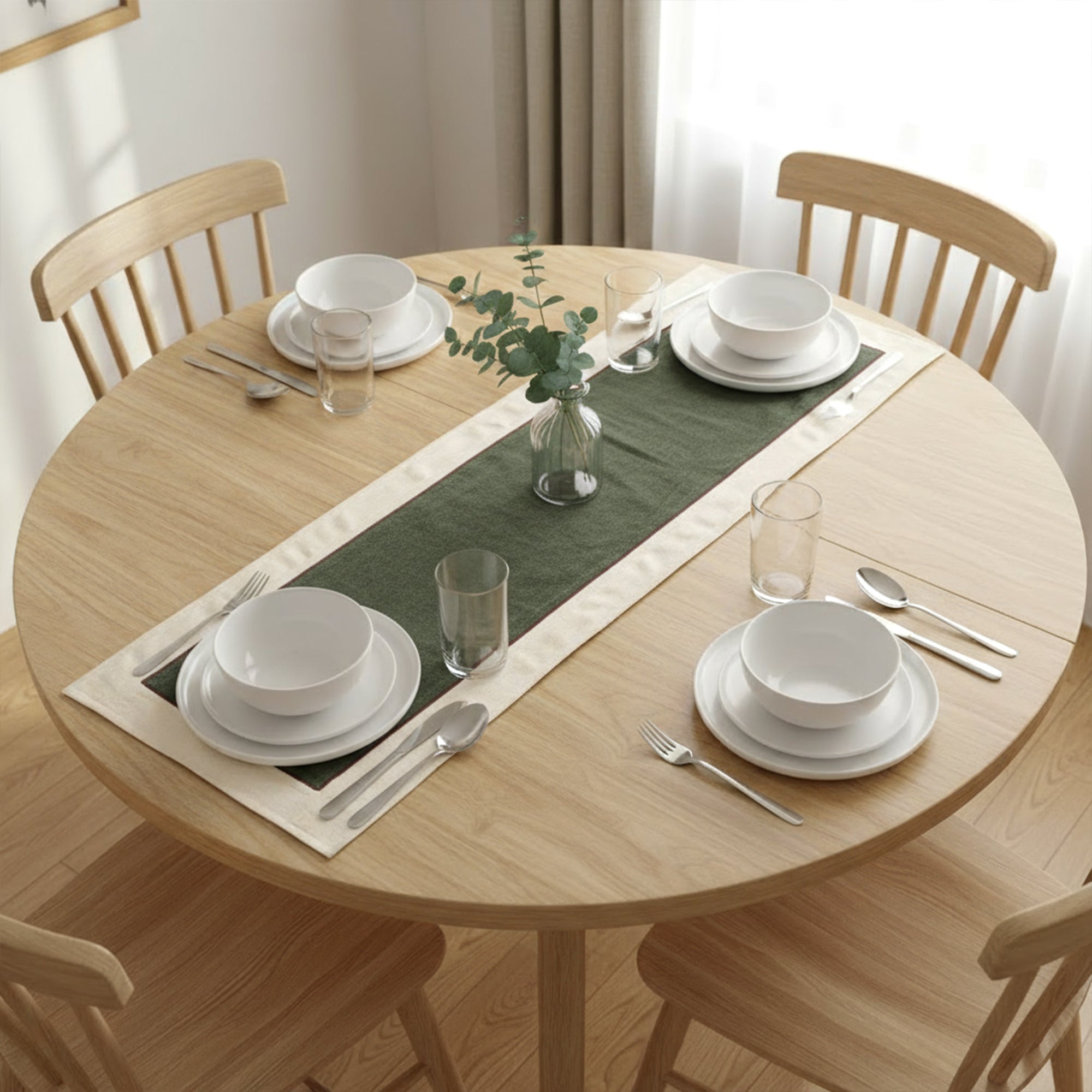 Cotton Off White & Moss Green Table Runner (Pack of 1)