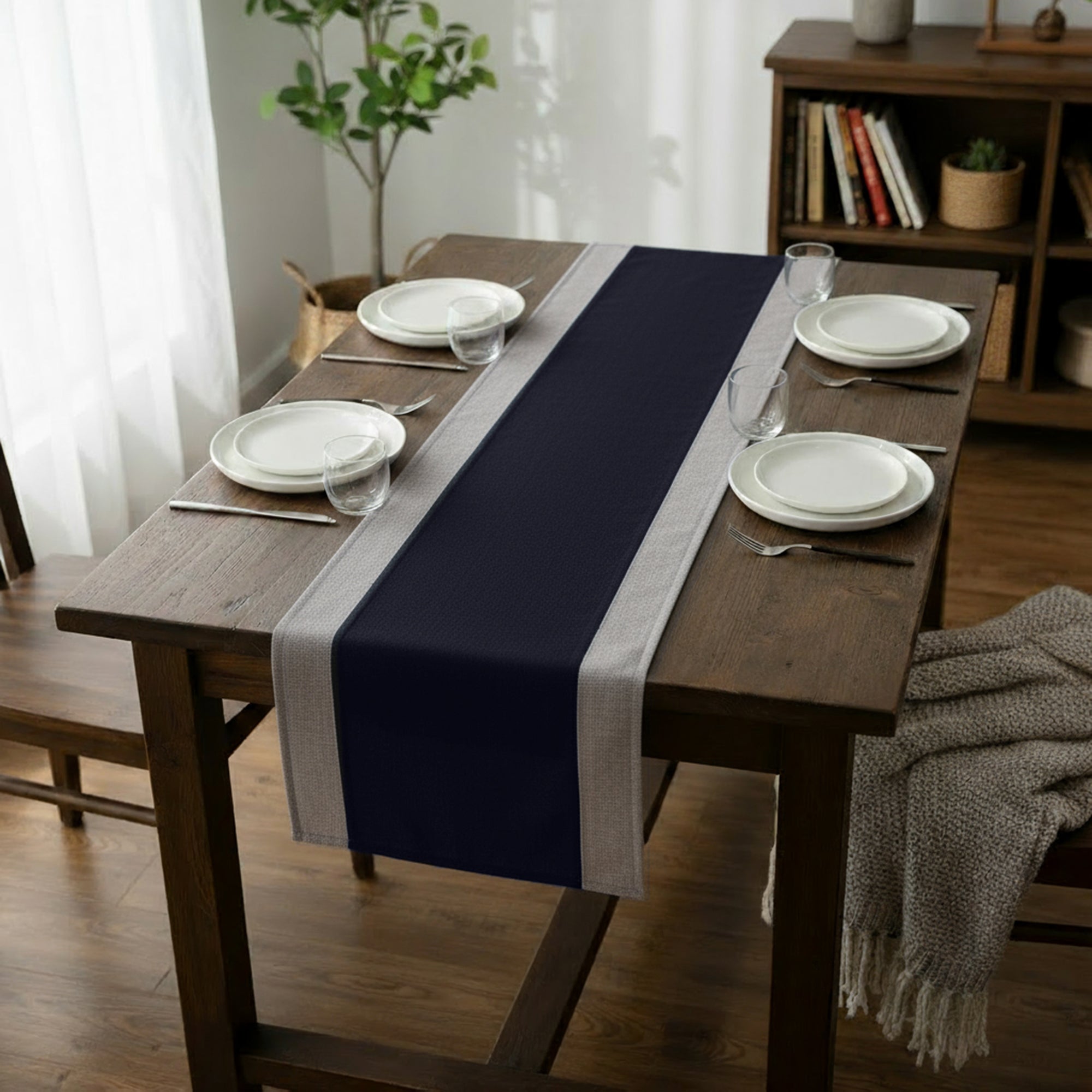 Cotton Grey & Blue Table Runner (Pack of 1)