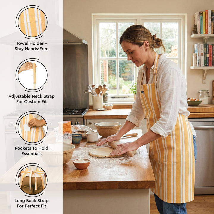 Cotton Franca Yellow Stripes Apron + Oven Glove + Pot Holder (Pack of 3)