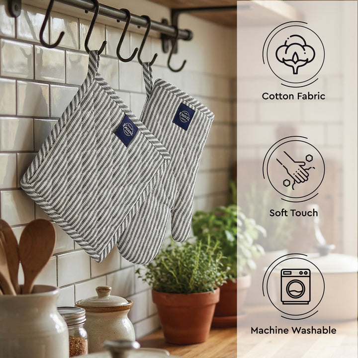 Cotton Ticking Black Oven Glove & Pot Holder