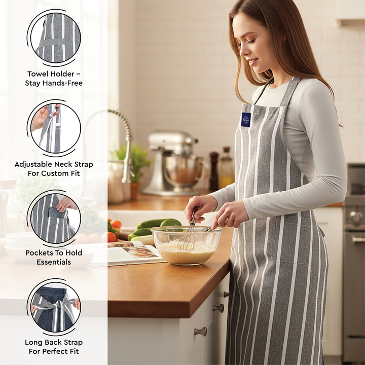 Cotton Roma Grey Stripes Apron + Oven Glove + Pot Holder (Pack of 3)