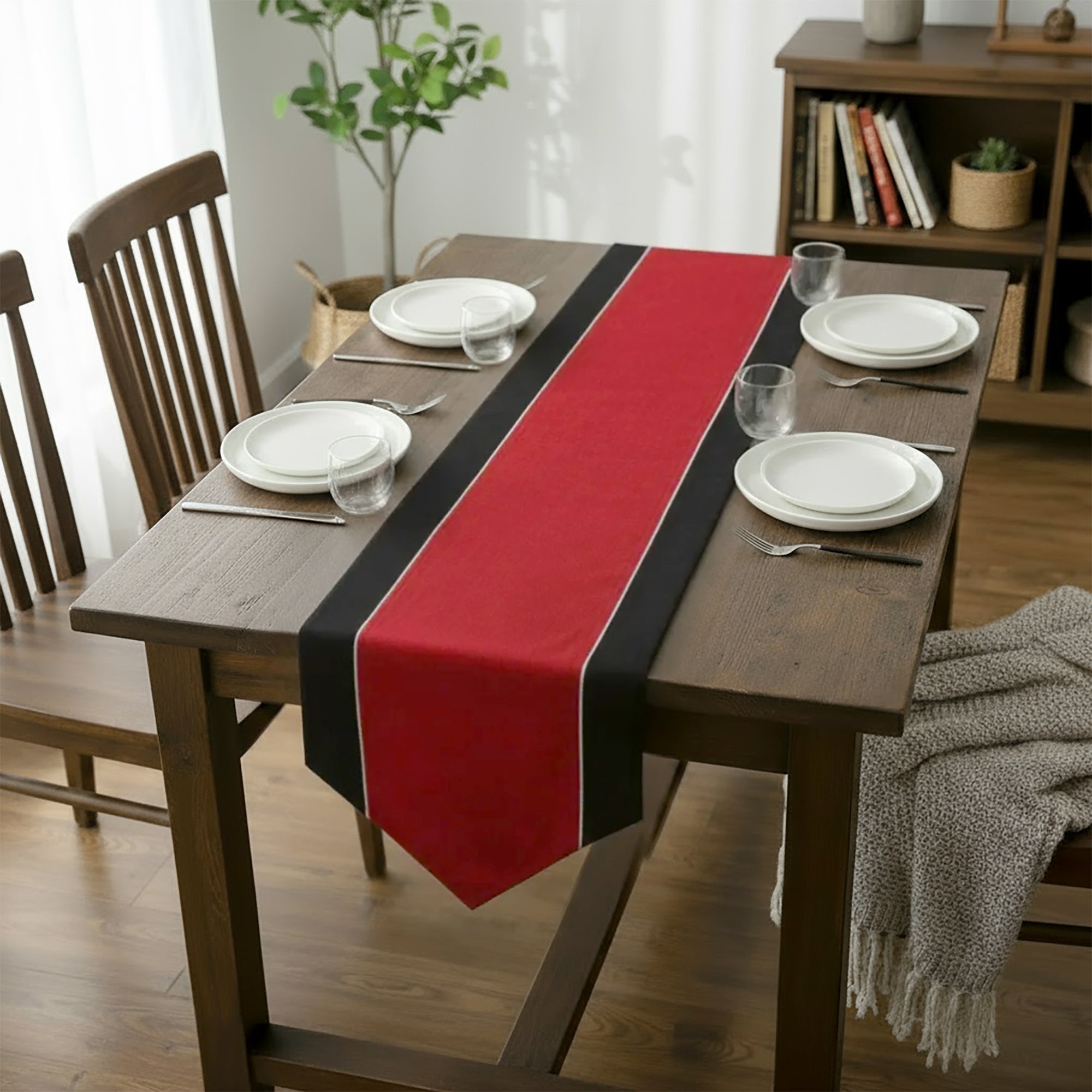 Cotton Black & Scarlet Red Table Runner (Pack of 1)