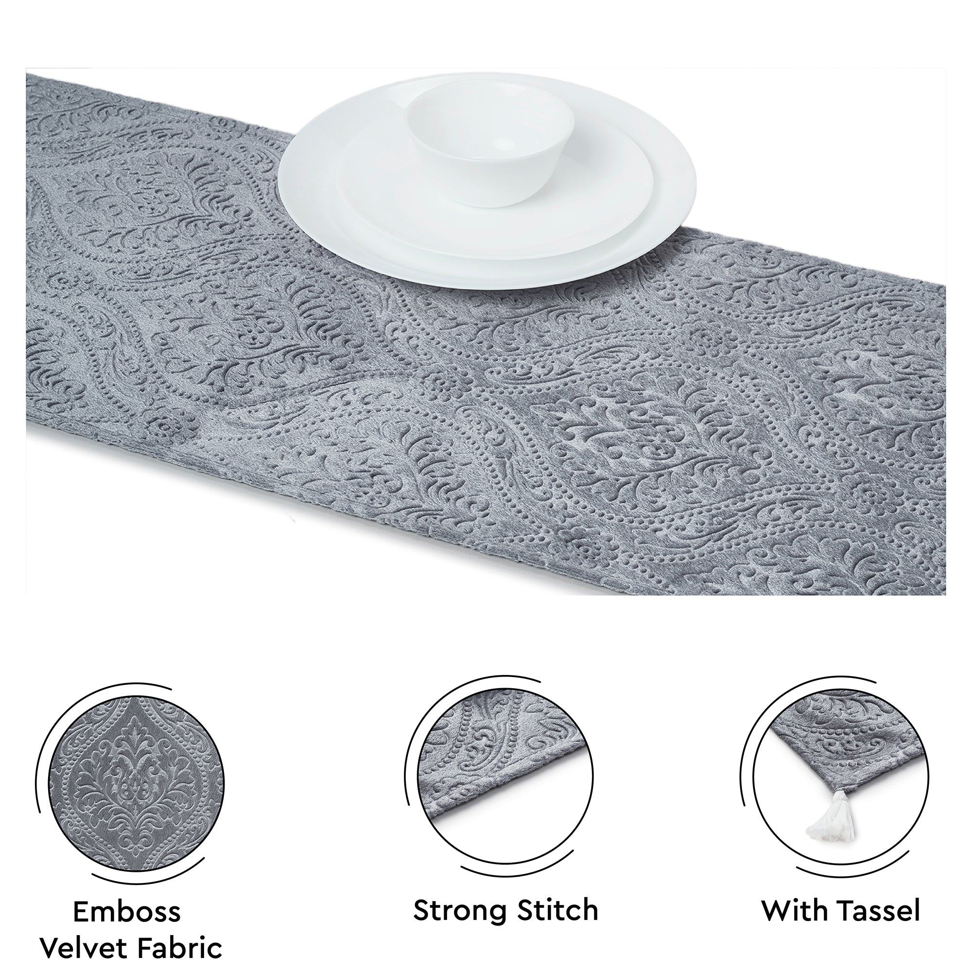 Embossed Velvet Grey Table Runner