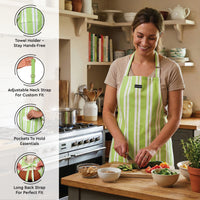 Cotton Franca Lime Stripes Apron + Oven Glove + Pot Holder (Pack of 3)