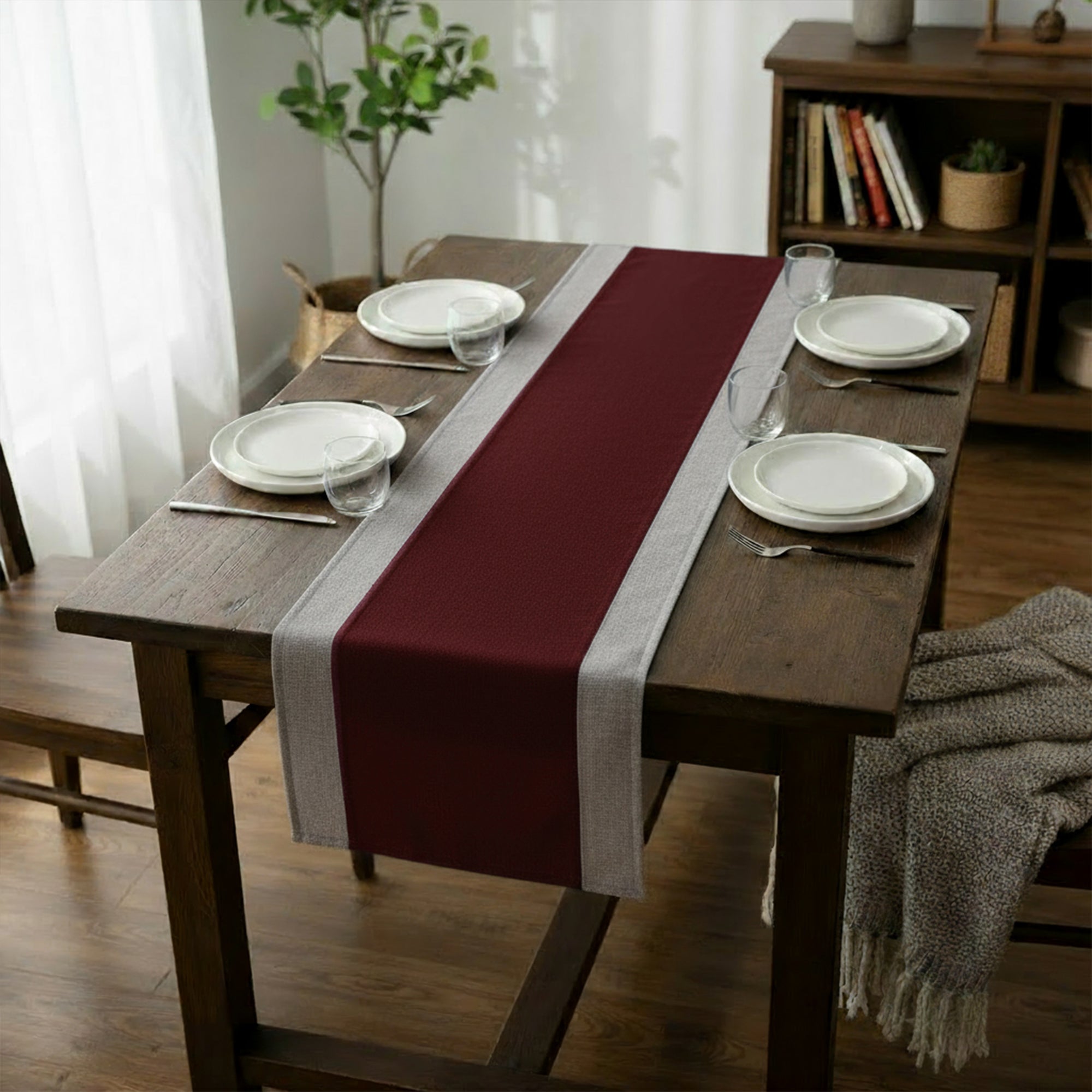 Cotton Grey & Maroon Table Runner (Pack of 1)