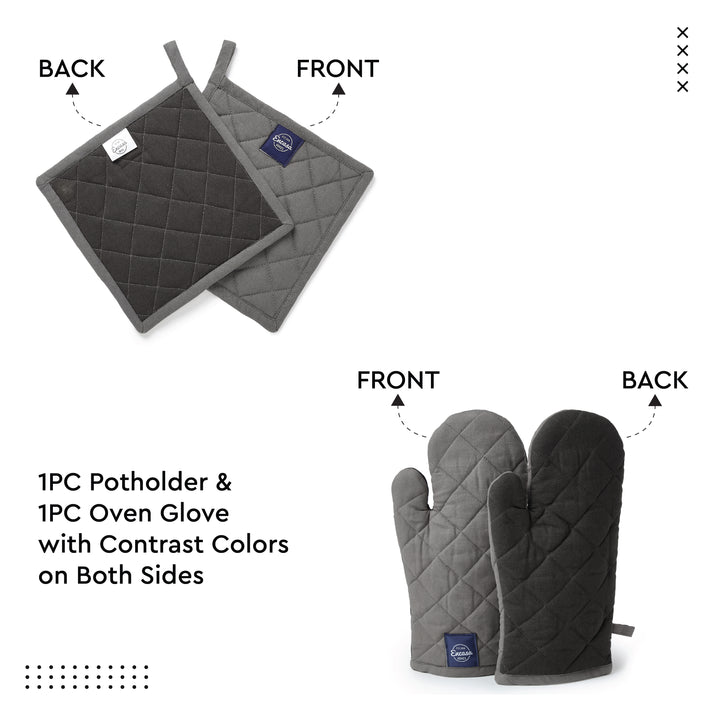 Cotton Grey Apron + Oven Glove + Pot Holder (Pack of 3)
