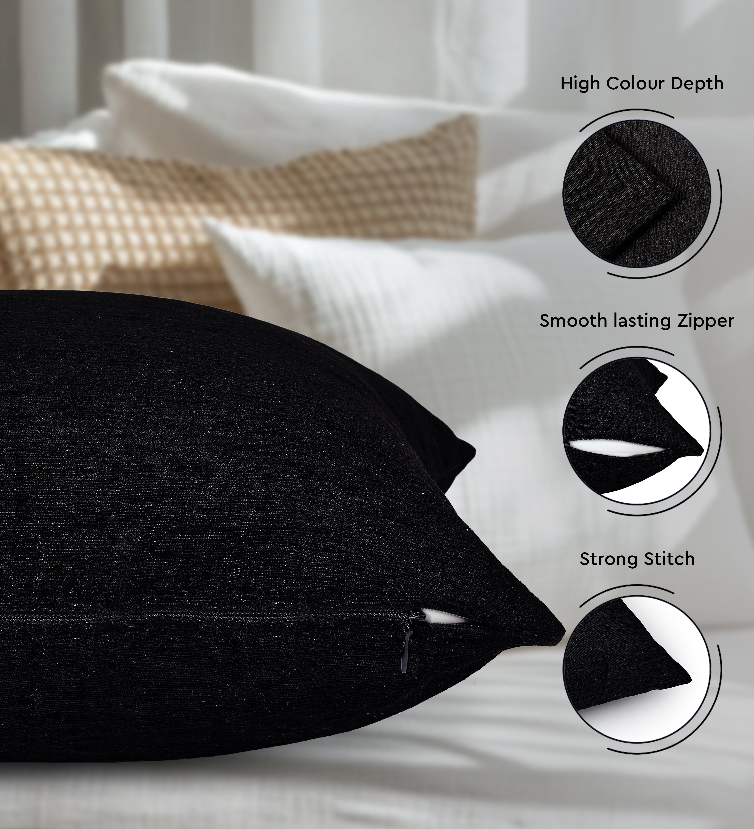 Chenille Black 1 Cushion Cover (Pack of 2)