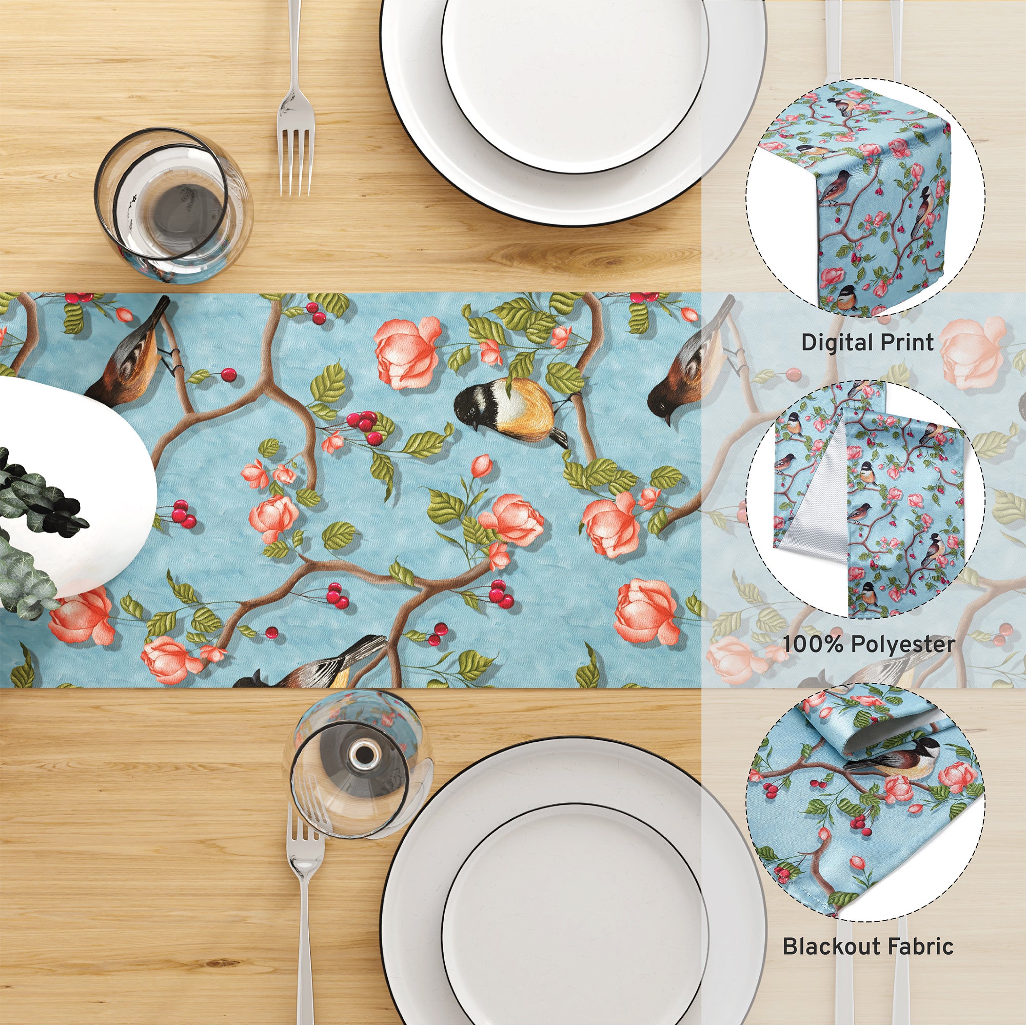 Blackout Polyester Sky Blue Birds Table Runner