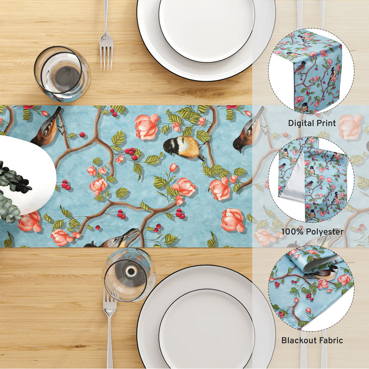 Blackout Polyester Sky Blue Birds Table Runner (Pack of 1)