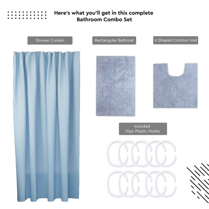 Polyester Blue Shower Curtain + Bathmat (Pack of 3)